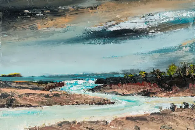 Australian Indigenous (Aboriginal and Torres Strait Islander) artwork by AMANDA PENROSE HART of Miscellaneous Artists. The title is Tidal Flow. [APH201706037] (Oil on Linen)