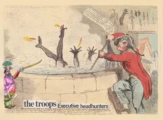 Australian Indigenous (Aboriginal and Torres Strait Islander) artwork by BROOK ANDREW of . The title is the troops Executive headhunters (8/30). [N/A] (Four-Colour Photolithograph, with Collaged Photolithograph Elements and Hand Colour - Edition of 30)