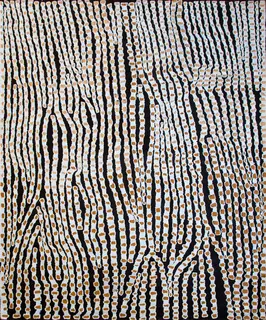 Australian Indigenous (Aboriginal and Torres Strait Islander) artwork by BRIAN MUDGEDELL of Warlayirti Artists (Balgo). The title is Tjintjinjin. [14/10] (Acrylic on Linen)