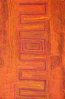 Australian Indigenous (Aboriginal and Torres Strait Islander) artwork by JIMMY TCHOOGA of Warlayirti Artists (Balgo). The title is Tjukukalyu. [363/11] (Acrylic on Linen)