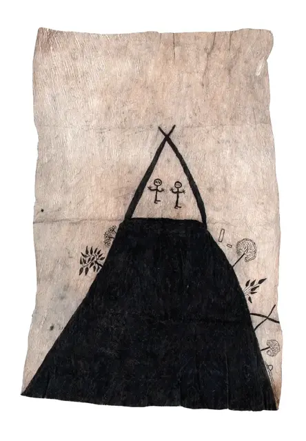 Australian Indigenous (Aboriginal and Torres Strait Islander) artwork by LILA WARRIMOU (MISASO) of Omie Artists. The title is The Origin of Ömie Barkcloth I (Mina and Suja at Mount Obo). [OM10-059] (Natural Pigments on Nioge (Barkcloth))