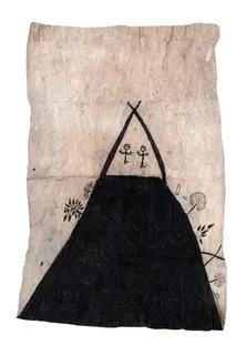 Australian Indigenous (Aboriginal and Torres Strait Islander) artwork by LILA WARRIMOU (MISASO) of Omie Artists. The title is The Origin of Ömie Barkcloth I (Mina and Suja at Mount Obo). [OM10-059] (Natural Pigments on Nioge (Barkcloth))