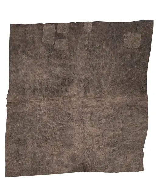 Australian Indigenous (Aboriginal and Torres Strait Islander) artwork by LILA WARRIMOU (MISASO) of Omie Artists. The title is The origin of Ömie barkcloth II (Sihoti’e – Mud Dyed Barkcloth). [OM10-060] (Natural Pigments on Nioge (Barkcloth))