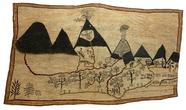 Australian Indigenous (Aboriginal and Torres Strait Islander) artwork by LILA WARRIMOU (MISASO) of Omie Artists. The title is The Story of the Lost Boy and Ninivo, The Bird-of-Paradise of Mount Ömie. [OM11-009] (Natural Pigments on Barkcloth)