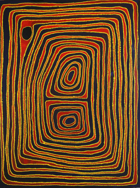 Australian Indigenous (Aboriginal and Torres Strait Islander) artwork by MAWUKURA JIMMY NERRIMAH of Mangkaja Artists. The title is Three Jilas. [497/06] (Acrylic on Canvas)