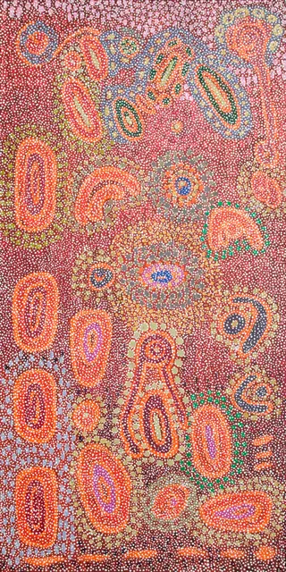 Australian Indigenous (Aboriginal and Torres Strait Islander) artwork by MIRIAM BAADJO of Warlayirti Artists (Balgo). The title is Tjatjati. [417/09] (Acrylic on Linen)