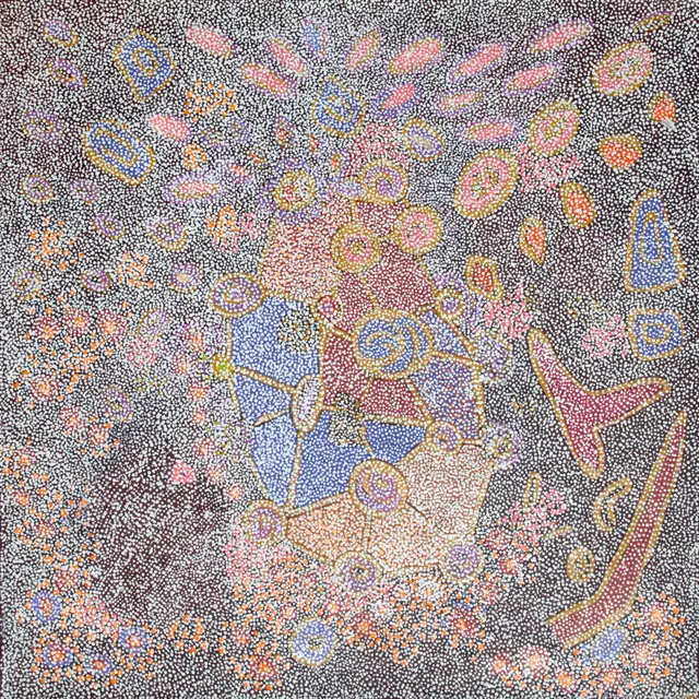 Australian Indigenous (Aboriginal and Torres Strait Islander) artwork by MIRIAM BAADJO of Warlayirti Artists (Balgo). The title is Tjatjati. [106/09] (Acrylic on Linen)