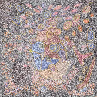 Australian Indigenous (Aboriginal and Torres Strait Islander) artwork by MIRIAM BAADJO of Warlayirti Artists (Balgo). The title is Tjatjati. [106/09] (Acrylic on Linen)