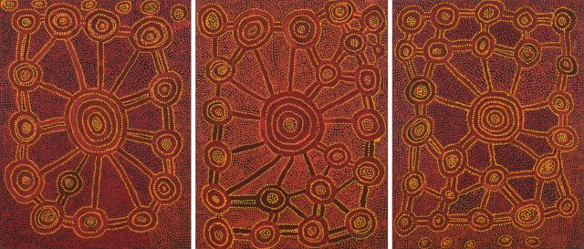 Australian Indigenous (Aboriginal and Torres Strait Islander) artwork by NYARRIE MORGAN of Martumili Artists. The title is The Story of the Snake. [07-422] (Synthetic Polymer Paint on Canvas)