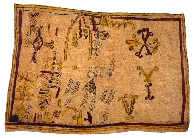 Australian Indigenous (Aboriginal and Torres Strait Islander) artwork by REX WARRIMOU (SABIO) of Omie Artists. The title is The Story of the Trickster Spirit and the Vanishing Boy; and Tattoo Designs (Soru’e). [OM12-009] (Natural Pigments on Barkcloth)