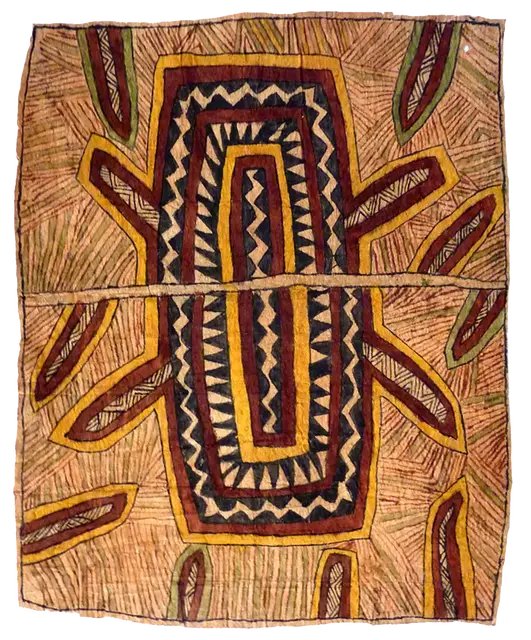 Australian Indigenous (Aboriginal and Torres Strait Islander) artwork by SARAH UGIBARI of Omie Artists. The title is Tamajai Ohu’o Deb’é – Ancestral Tattoo Design of the Necklace with Pandanus Fibre String. [OM11-061] (Natural Pigments on Nioge (Woman’s Barkcloth Skirt))