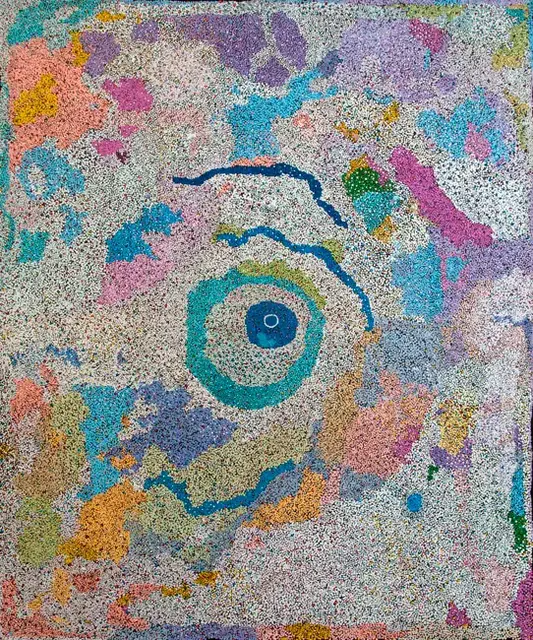 Australian Indigenous (Aboriginal and Torres Strait Islander) artwork by THERESA NOWEE of Warlayirti Artists (Balgo). The title is Tjurnu. [5/10] (Acrylic on Linen)