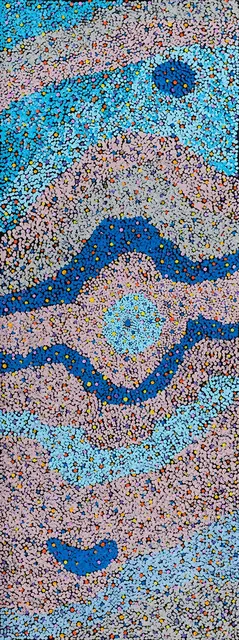 Australian Indigenous (Aboriginal and Torres Strait Islander) artwork by THERESA NOWEE of Warlayirti Artists (Balgo). The title is Tjurnu. [10-16] (Acrylic on Linen)
