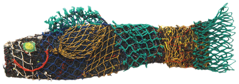 Australian Indigenous (Aboriginal and Torres Strait Islander) artwork by NANCY NAAWI of Erub Erwer Meta. The title is T-Hart. [15-94] (Ghost Nets & Twine over Mesh Frame)