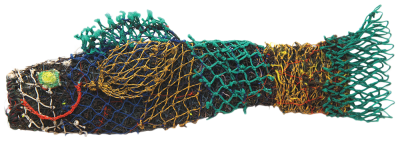 Australian Indigenous (Aboriginal and Torres Strait Islander) artwork by NANCY NAAWI of Erub Erwer Meta. The title is T-Hart. [15-94] (Ghost Nets & Twine over Mesh Frame)