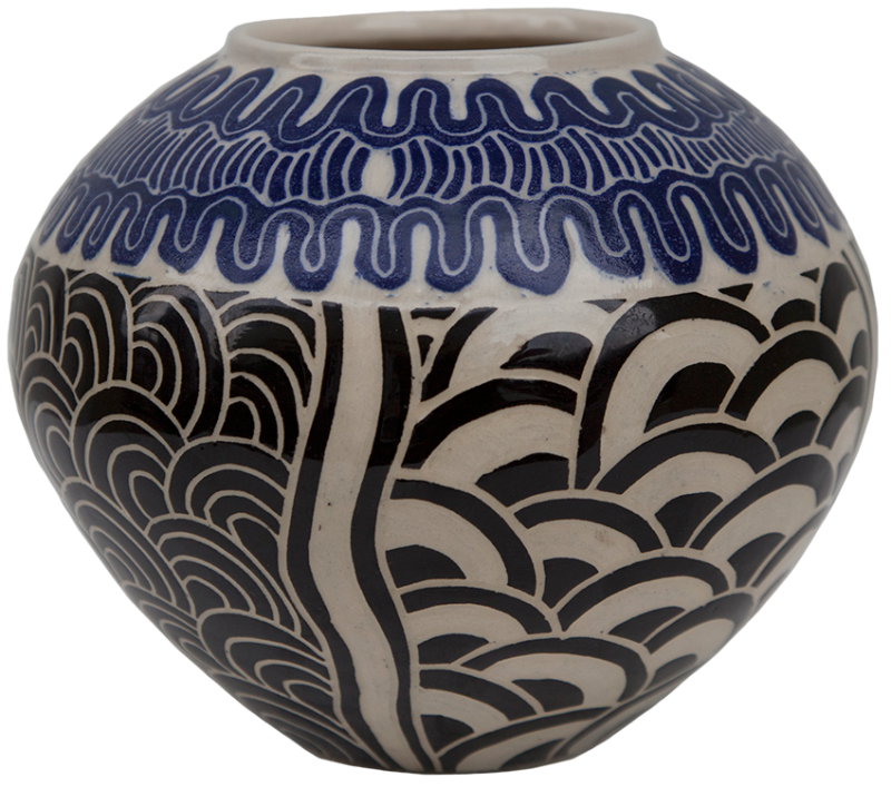 Australian Indigenous (Aboriginal and Torres Strait Islander) artwork by TJIMPUNA WILLIAMS of Ernabella Artists. The title is Tali Munu Puli. [342C-14] (Stoneware with Sgraffito)