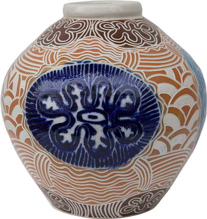 Australian Indigenous (Aboriginal and Torres Strait Islander) artwork by TJIMPUNA WILLIAMS of Ernabella Artists. The title is Tali (Sand Dunes). [315C-14] (Stoneware with Sgraffito)