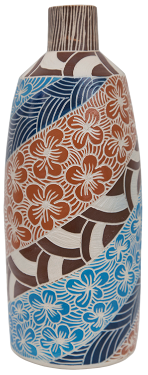 Australian Indigenous (Aboriginal and Torres Strait Islander) artwork by TJIMPUNA WILLIAMS of Ernabella Artists. The title is Tali, Tjanpi, Puli. [339C-14] (Stoneware with Sgraffito)