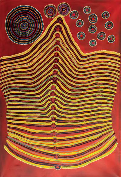 Australian Indigenous (Aboriginal and Torres Strait Islander) artwork by LENNARD WALKER of Spinifex Artists. The title is Tali Tjuta. [20-216] (Acrylic on Linen)