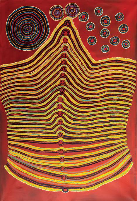 Australian Indigenous (Aboriginal and Torres Strait Islander) artwork by LENNARD WALKER of Spinifex Artists. The title is Tali Tjuta. [20-216] (Acrylic on Linen)