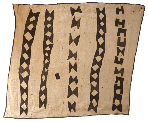 Australian Indigenous (Aboriginal and Torres Strait Islander) artwork by BRENDA KESI (ARIRÉ) of Omie Artists. The title is Taliobamë’e, Taliobamë’e Siha’e, Mododa’e Iburi’e, Sigob’e Vairömo Larom’e Ohu’o Sigobo Simanohu’o Hwé - Ancestral Design of the Mud, Fruit of the Tree, Tailfeathers of the Swift in Flight, Coiled Snake and Head and Neck of the Snake. [OM11-077] (Sihoti’e Taliobamë’e - Appliquéd Mud-Dyed Barkcloth)