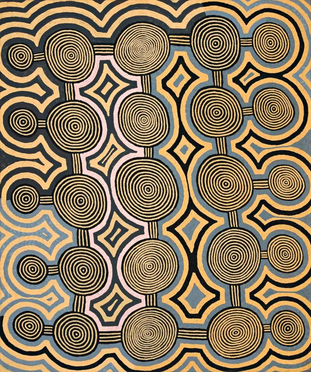 Australian Indigenous (Aboriginal and Torres Strait Islander) artwork by RONNIE TJAMPITJINPA of Papunya Tula Artists. The title is Tarkulnga. [RT881025] (Acrylic on Belgian Linen)