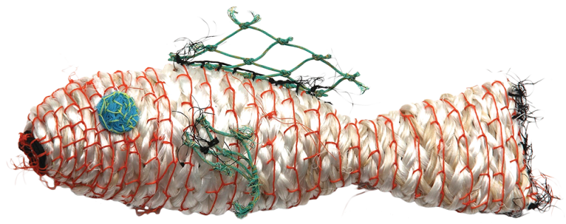 Australian Indigenous (Aboriginal and Torres Strait Islander) artwork by NANCY LOUISA KIWAT of Erub Erwer Meta. The title is Tats. [15-105] (Ghost Nets & Twine over Mesh Frame)