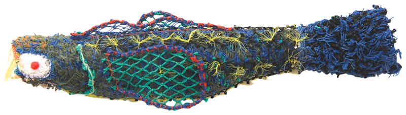 Australian Indigenous (Aboriginal and Torres Strait Islander) artwork by NANCY LOUISA KIWAT of Erub Erwer Meta. The title is Tawie. [15-96] (Ghost Nets & Twine over Mesh Frame)