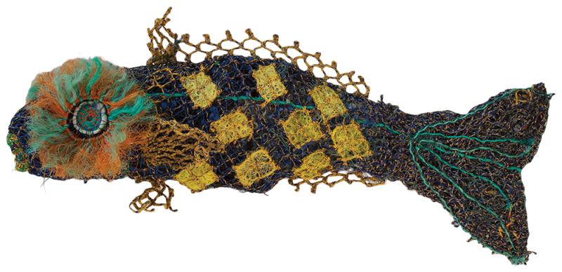 Australian Indigenous (Aboriginal and Torres Strait Islander) artwork by FLORENCE GUTCHEN of Erub Erwer Meta. The title is Tee the Queen Fish. [15-109] (Ghost Nets & Twine over Mesh Frame)