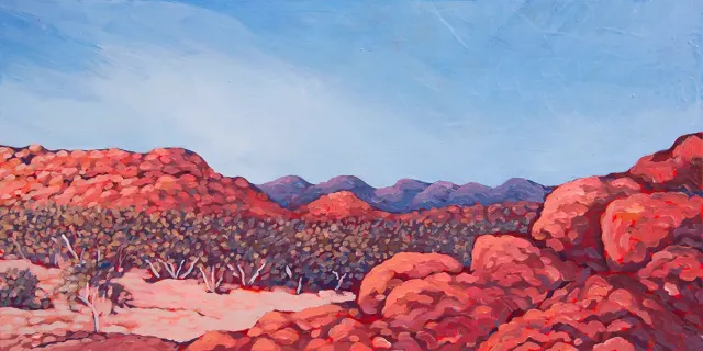 Australian Indigenous (Aboriginal and Torres Strait Islander) artwork by SARAH BROWN of Miscellaneous Artists. The title is Telegraph Station. [SB201610027] (Acrylic on Gesso Board)