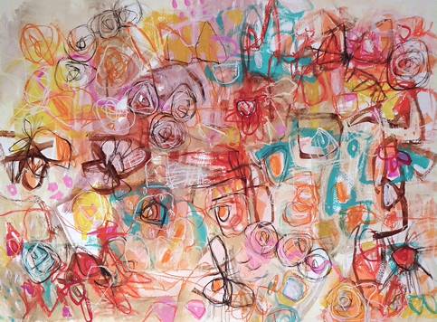 Australian Indigenous (Aboriginal and Torres Strait Islander) artwork by ROBBI NEAL of Miscellaneous Artists. The title is That Lovely Busy Time. [RN301121P] (Pastel and Gouache on 380gsm Paper)