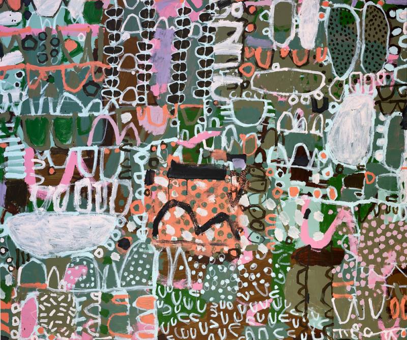 Australian Indigenous (Aboriginal and Torres Strait Islander) artwork by NAOMI HOBSON of Miscellaneous Artists. The title is The Edge Of The River. [NH202006001] (Acrylic on Linen)