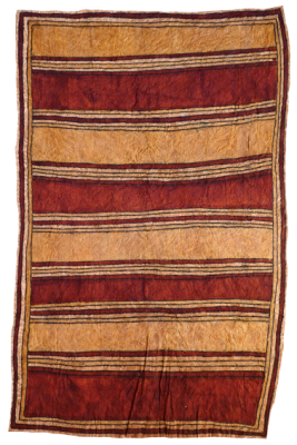 Australian Indigenous (Aboriginal and Torres Strait Islander) artwork by LILA WARRIMOU (MISASO) of Omie Artists. The title is The first design (Chief’s barkcloth skirt) and spots of the wood-boring grub. [18-049] (Natural Pigments on Nioge (Barkcloth))