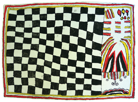 Australian Indigenous (Aboriginal and Torres Strait Islander) artwork by FATE SAVARI (ISAWDI) of Omie Artists. The title is The origin of sihoti’e nioge (mud-dyed barkcloth). [15-200] (Paint, Pencil and Ink on Paper)