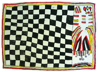 Australian Indigenous (Aboriginal and Torres Strait Islander) artwork by FATE SAVARI (ISAWDI) of Omie Artists. The title is The origin of sihoti’e nioge (mud-dyed barkcloth). [15-200] (Paint, Pencil and Ink on Paper)