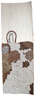 Australian Indigenous (Aboriginal and Torres Strait Islander) artwork by WUKUN WANAMBI of Buku-Larrnggay Mulka (Yirrkala). The title is The Rock in Trial Bay. [4401T] (Natural Earth Pigments on Bark - Nuwayak)