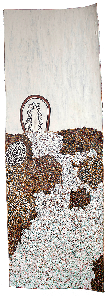 Australian Indigenous (Aboriginal and Torres Strait Islander) artwork by WUKUN WANAMBI of Buku-Larrnggay Mulka (Yirrkala). The title is The Rock in Trial Bay. [4401T] (Natural Earth Pigments on Bark - Nuwayak)