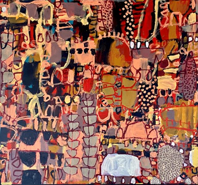 Australian Indigenous (Aboriginal and Torres Strait Islander) artwork by NAOMI HOBSON of Miscellaneous Artists. The title is The Scent of June. [NH202108001] (Acrylic on Linen)