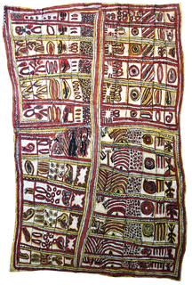 Australian Indigenous (Aboriginal and Torres Strait Islander) artwork by FATE SAVARI (ISAWDI) of Omie Artists. The title is The story of the old woman bilum-weaver, Insa of Huvaimo, and the stolen fire. [12-076] (Natural Pigments on Nioge (Woman’s Barkcloth Skirt))