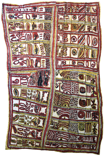 Australian Indigenous (Aboriginal and Torres Strait Islander) artwork by FATE SAVARI (ISAWDI) of Omie Artists. The title is The story of the old woman bilum-weaver, Insa of Huvaimo, and the stolen fire. [12-076] (Natural Pigments on Nioge (Woman’s Barkcloth Skirt))
