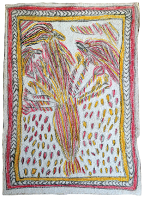 Australian Indigenous (Aboriginal and Torres Strait Islander) artwork by FATE SAVARI (ISAWDI) of Omie Artists. The title is The white bird-of paradise sitting in the Mango tree at Sidonejo village (with mango fruits). [14-228] (Pencil and Ink on Paper)