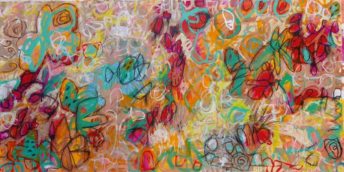 Australian Indigenous (Aboriginal and Torres Strait Islander) artwork by ROBBI NEAL of Miscellaneous Artists. The title is Things Like Happiness. [RN021221L] (Oil and Acrylic on Linen)