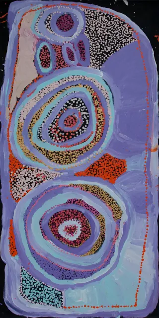 Australian Indigenous (Aboriginal and Torres Strait Islander) artwork by NOLA YURNANGURNU CAMPBELL of Warakurna Artists. The title is Tika Tika. [956-17] (Acrylic on Canvas)