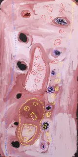 Australian Indigenous (Aboriginal and Torres Strait Islander) artwork by NOLA YURNANGURNU CAMPBELL of Warakurna Artists. The title is Tika Tika. [370-16] (Acrylic on Canvas)