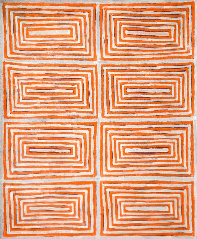 Australian Indigenous (Aboriginal and Torres Strait Islander) artwork by AARON KINGSLEY TJAPALTJARRI of Papunya Tula Artists. The title is Tingari. [AK0809137] (Acrylic on Linen)