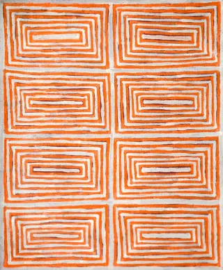 Australian Indigenous (Aboriginal and Torres Strait Islander) artwork by AARON KINGSLEY TJAPALTJARRI of Papunya Tula Artists. The title is Tingari. [AK0809137] (Acrylic on Linen)
