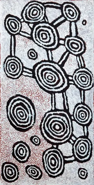 Australian Indigenous (Aboriginal and Torres Strait Islander) artwork by JOHNNY YUNGUT TJUPURRULA of Papunya Tula Artists. The title is Tingari Ceremonies at Wilkinkarra. [JY1106038] (Acrylic on Belgian Linen)
