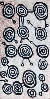 Australian Indigenous (Aboriginal and Torres Strait Islander) artwork by JOHNNY YUNGUT TJUPURRULA of Papunya Tula Artists. The title is Tingari Ceremonies at Wilkinkarra. [JY1111044] (Acrylic on Belgian Linen)