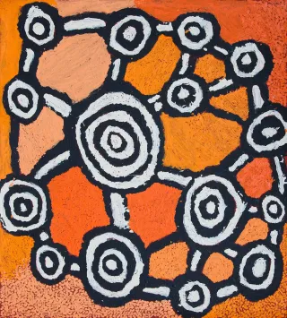 Australian Indigenous (Aboriginal and Torres Strait Islander) artwork by JOHNNY YUNGUT TJUPURRULA of Papunya Tula Artists. The title is Tingari Ceremonies at Wilkinkarra. [JY1209056] (Acrylic on Belgian Linen)