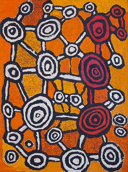 Australian Indigenous (Aboriginal and Torres Strait Islander) artwork by JOHNNY YUNGUT TJUPURRULA of Papunya Tula Artists. The title is Tingari Ceremonies at Wilkinkarra. [JY1210009] (Acrylic on Belgian Linen)